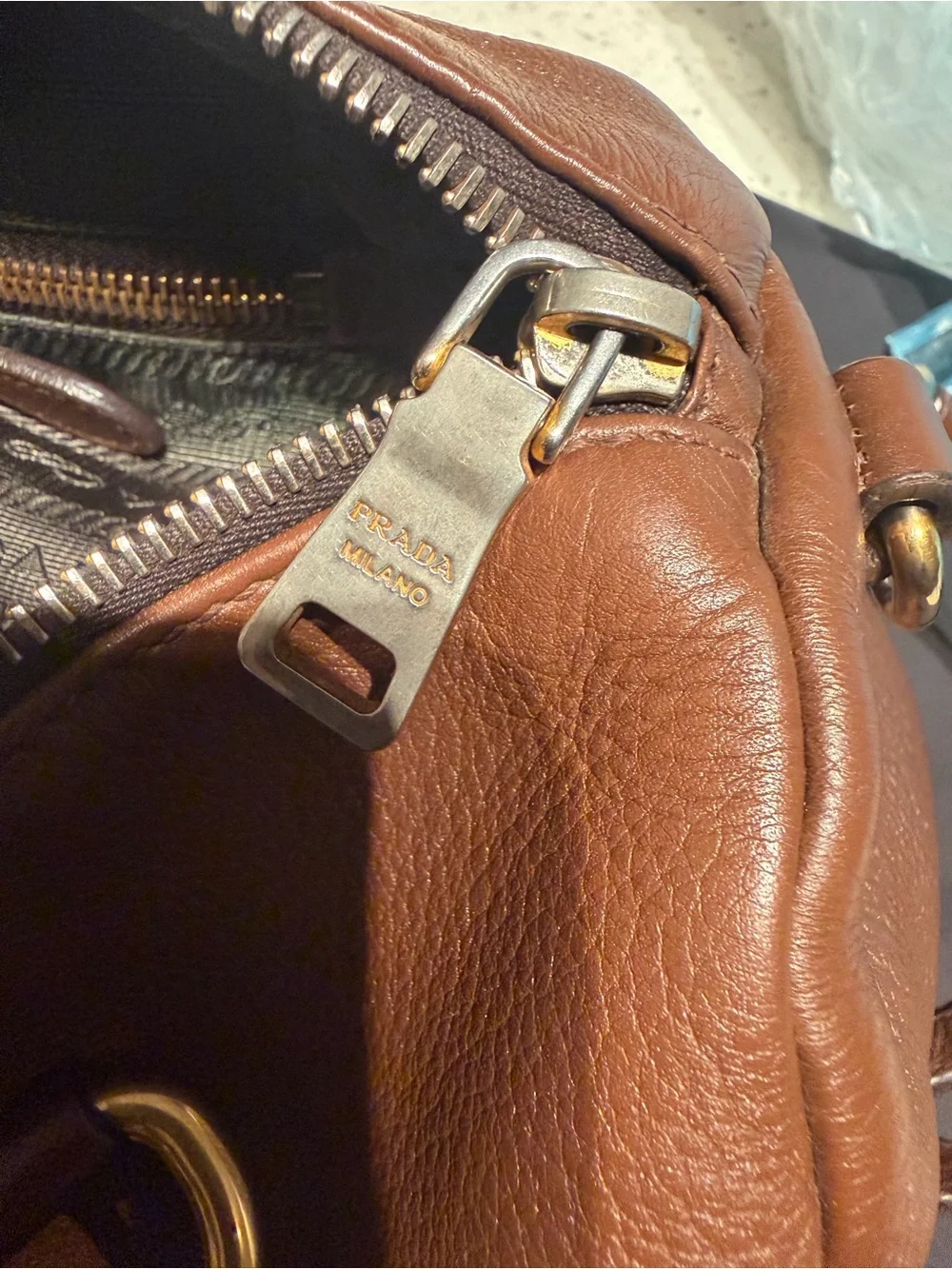 Prada Brown Leather boston Bag with Gold Hardware